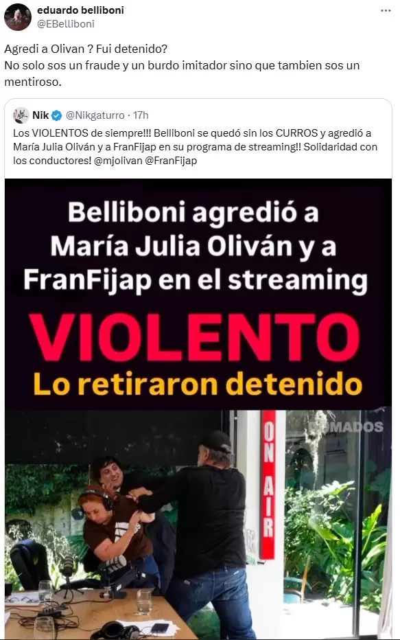 Las acusaciones cruzadas entre Eduardo Belliboni y Fran Fijap que luego de la publicacin del video expusieron al influencer libertario como mentiroso