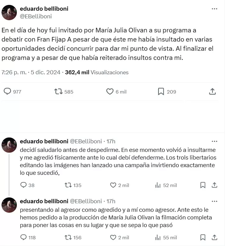 Las acusaciones cruzadas entre Eduardo Belliboni y Fran Fijap que luego de la publicacin del video expusieron al influencer libertario como mentiroso