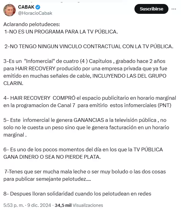 La violenta respuesta de Cabak a las crticas