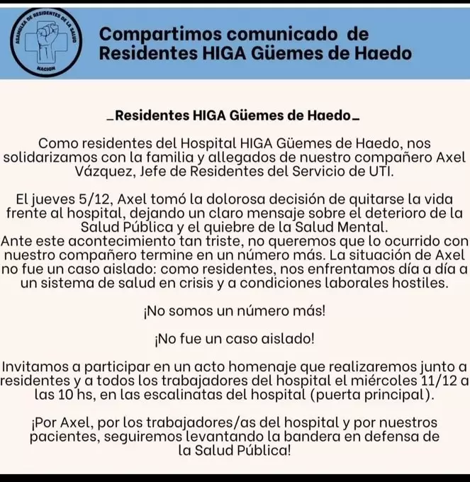 Comunicado de los y las residentes del Hospital Gemes de Haedo