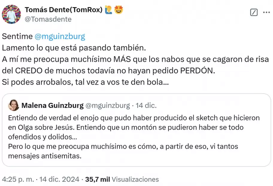 La respuesta de Toms Dente ante la preocupacin de Malena Guinzburg por el crecimiento del antisemitismo en la Argentina.