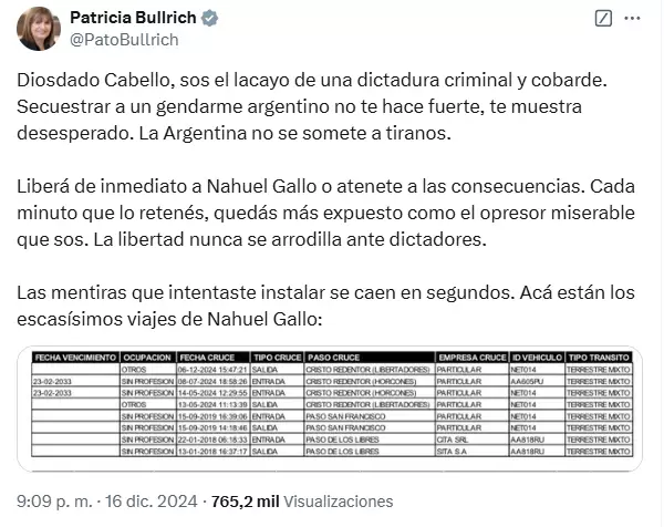 Para Bullrich, Diosdado Cabello es "el lacayo de una dictadura criminal y cobarde"