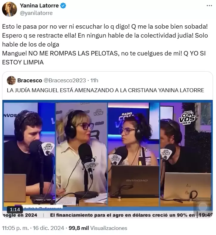 La respuesta de Yanina Latorre a la acusacin de antisemitismo de Romina Manguel.