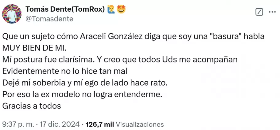 La respuesta de Toms Dente a la defensa de Araceli Gonzlez de su hijo Toms "Toto" Kirzner, tras el escndalo por el sketch del pesebre de Olga.