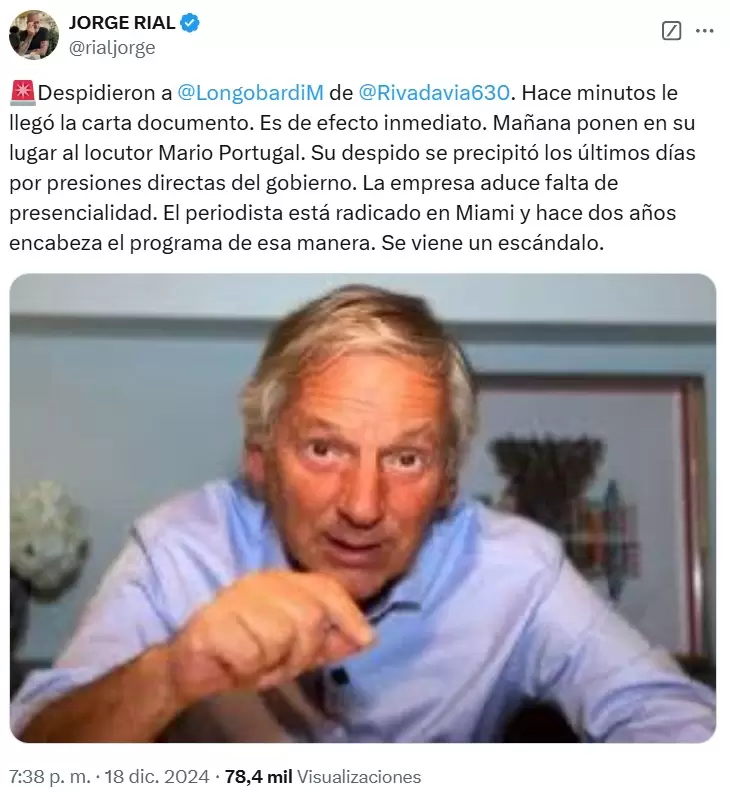 Jorge Rial revel por X la situacin de Marcelo Longobardi con Radio Rivadavia y su respuesta a la emisora.