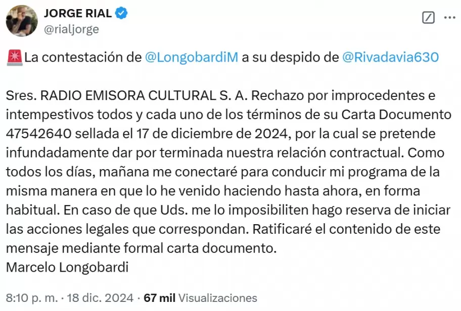 Jorge Rial revel por X la situacin de Marcelo Longobardi con Radio Rivadavia y su respuesta a la emisora.