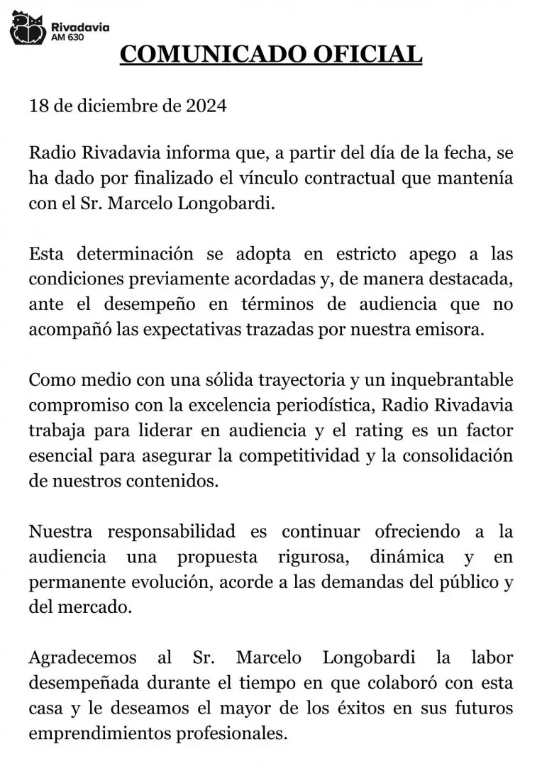 El comunicado oficial de Radio Rivadavia por la desvinculacin de Marcelo Longobardi.