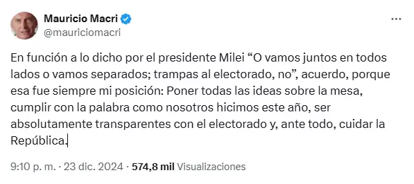 El posteo de Mauricio Macri, luego de la "apretada" de Milei