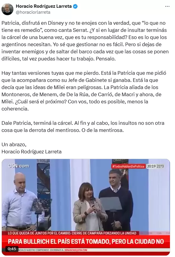 Intenso cruce entre Patricia Bullrich y Horacio Rodrguez Larreta por la situacin carcelaria en la Ciudad