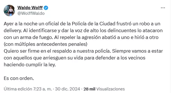 El posteo del ministro de Seguridad porteo, Waldo Wolff