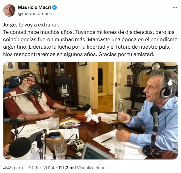 Mauricio Macri lo despidi con un mensaje de sentido