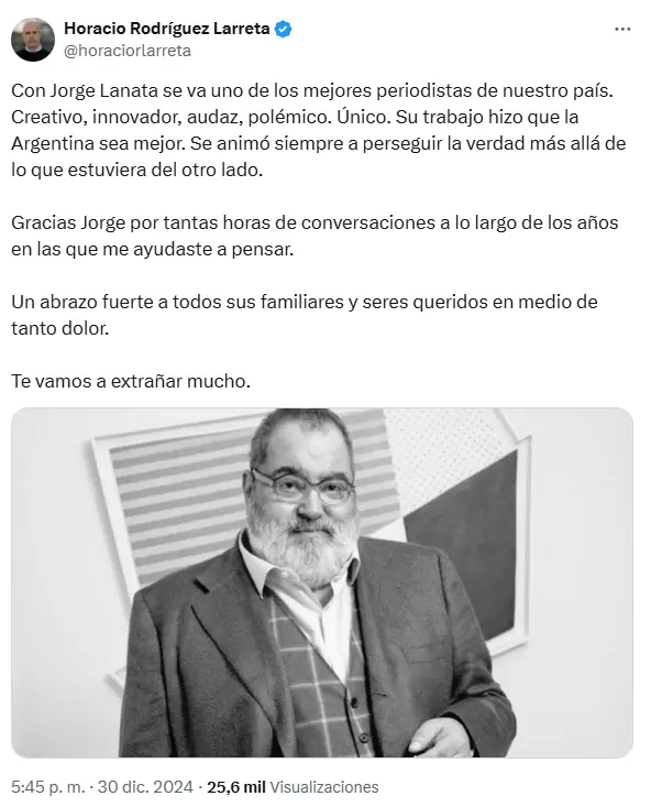 Horacio Rodrguez Larreta se sum a los mensajes de despedida de Lanata