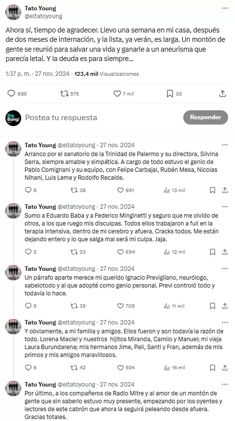 El posteo del Tato Young tras haberse recuperado.