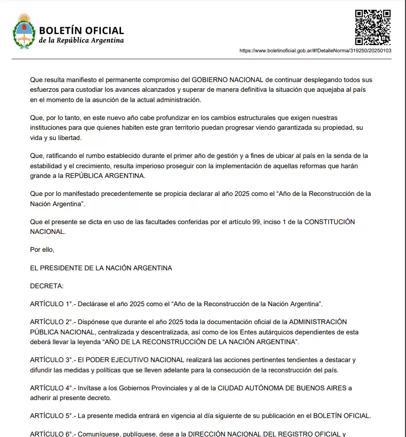 Javier Milei decret que el 2025 ser el "Ao de la Reconstruccin de la Nacin Argentina"