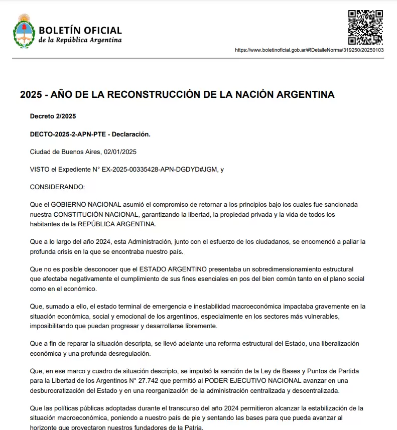 Javier Milei decret que el 2025 ser el "Ao de la Reconstruccin de la Nacin Argentina"