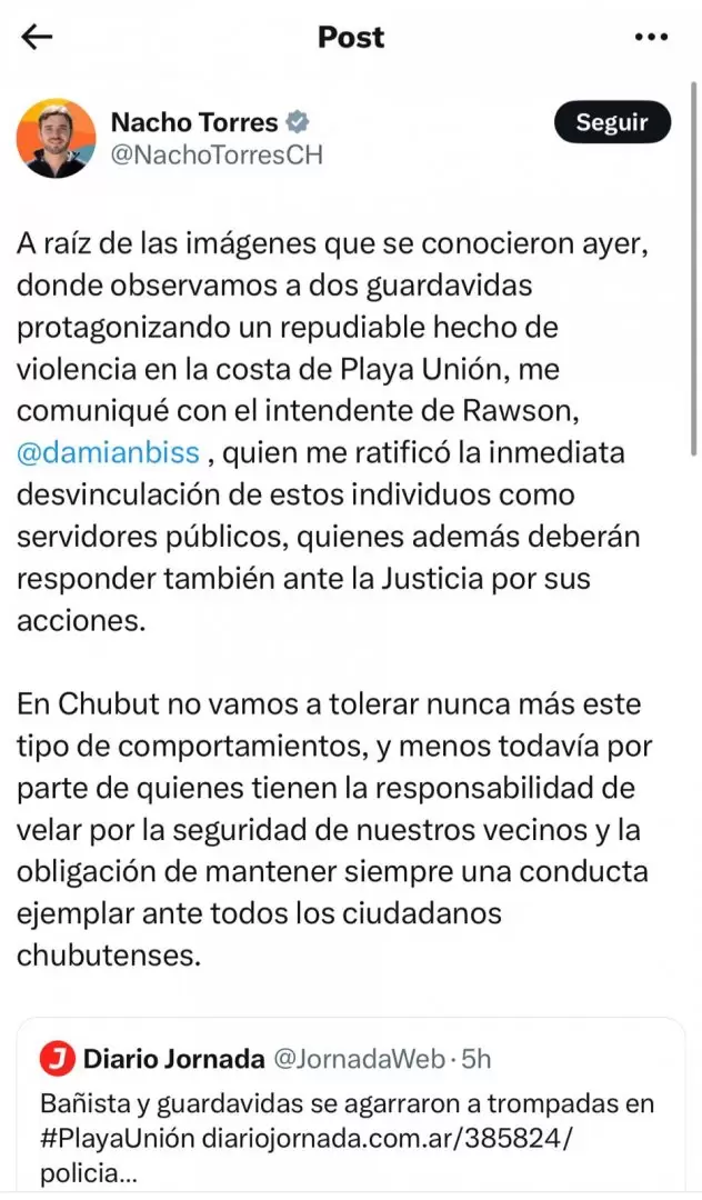 Comunicado de Ignacio Torres, gobernador de Chubut