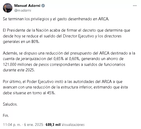 El incendiario posteo de Manuel Adorni