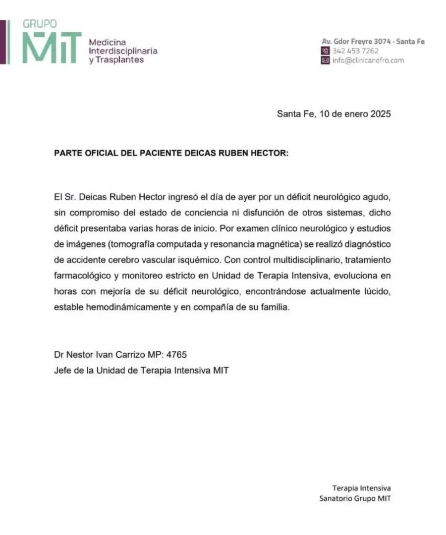 Parte medico de Cacho Deicas tras ser intervenido en las ltimas horas