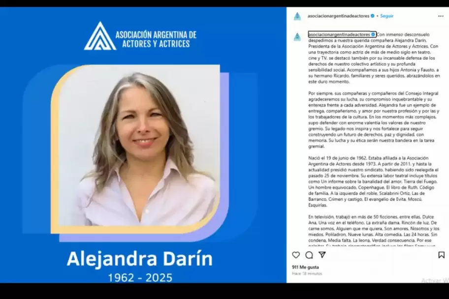 Desde la Asociacin Argentina de Actores y Actrices despidieron a Alejandra Darn