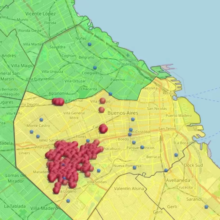 El mapa de cortes elctricos en la Ciudad Autnoma de Buenos Aires (CABA).