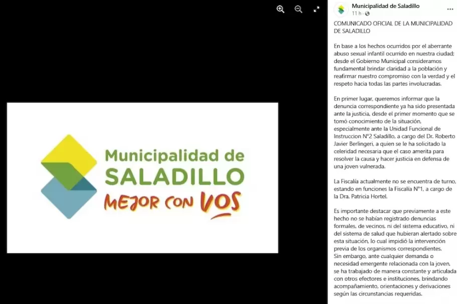 El comunicado de la Municipalidad de Saladillo en relacin al parto de la nia de 13 aos en el hospital zonal local.