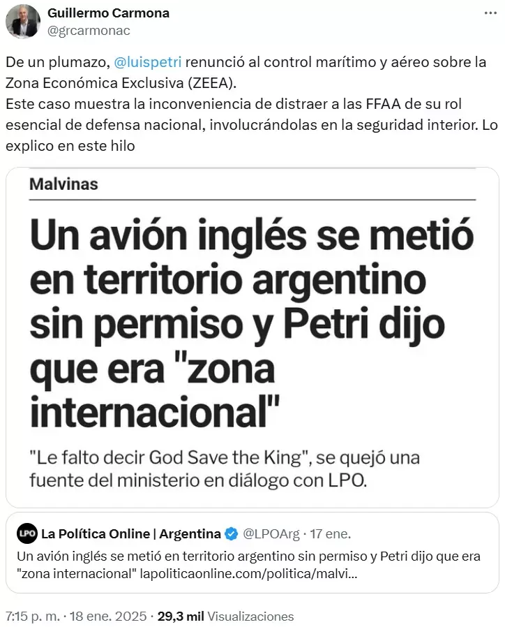 Guillermo Carmona y su ataque a Luis Petri tras que el ministro reconciera como "zona internacional" a parte del cielo argentino.