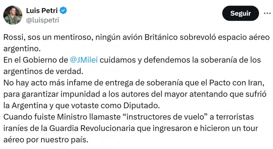 Luis Petri corri con el Pacto con Irn a Agustn Rossi, luego del cruce por el avin britnico en cielo argentino.