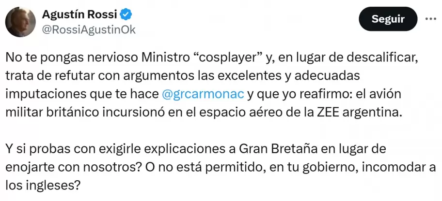 Agustn Rossi y su chicana a Luis Petri tras el escndalo del vuelo britnico en cielo argentino.