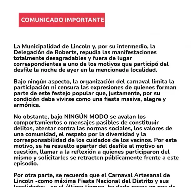 La Municipalidad de Lincoln repudi los mensajes pedfilos de la carroza del Renaut 12.