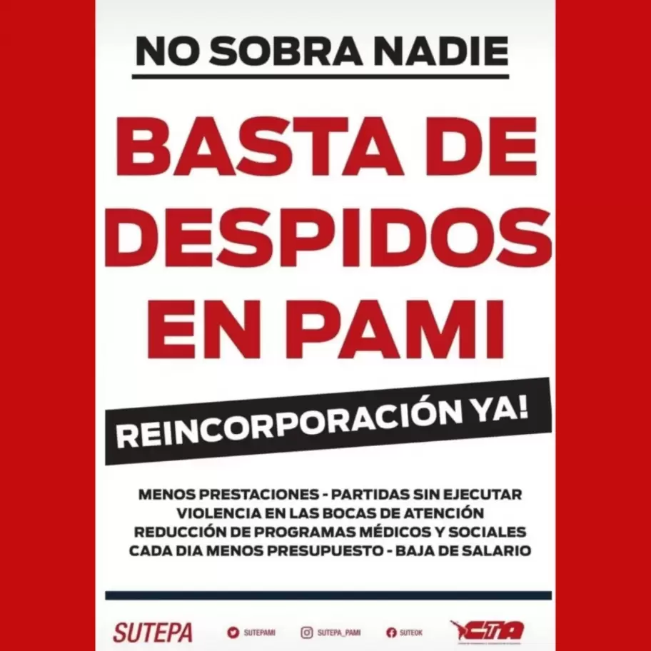 El comunicado de SUTEP en reclamo del cese de los despidos en el PAMI.