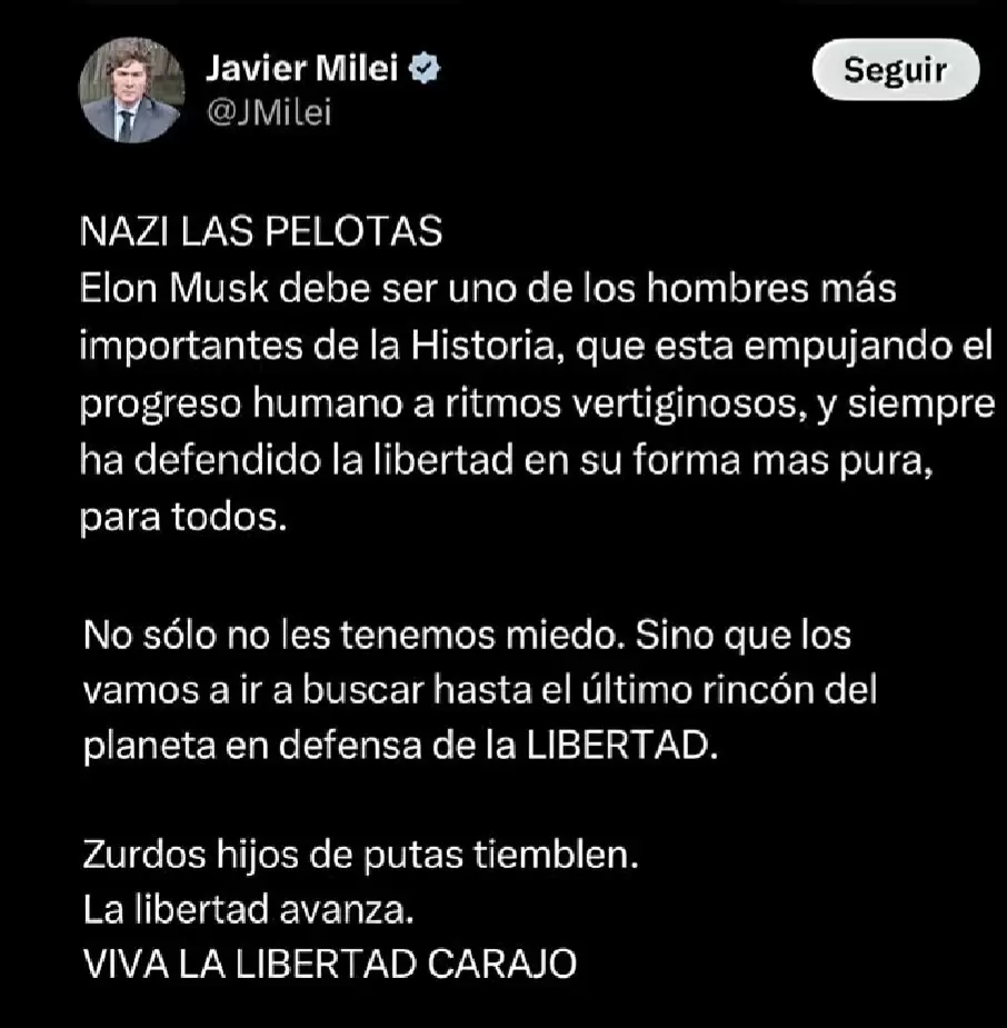 El tuit de Javier Milei en donde defendi a Elon Musk y amenaz a los "zurdos hijos de puta".