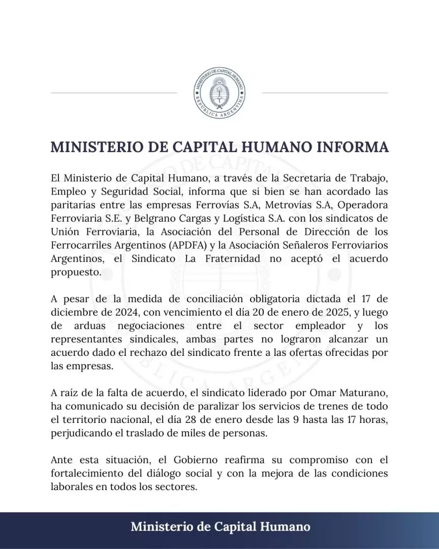 El comunicado del Ministerio de Capital Humano para restarle fuerza al paro de La Fraternidad.