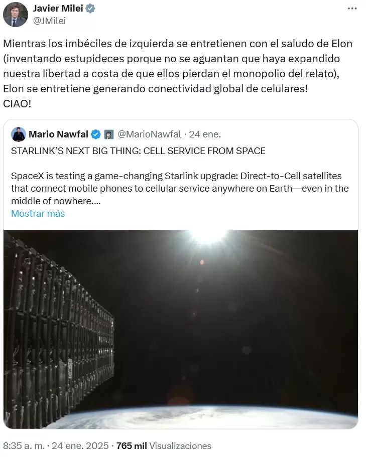 El tuit de Javier Milei donde volvi a defender a Elon Musk en las redes sociales, tras la polmica por su saludo nazi.