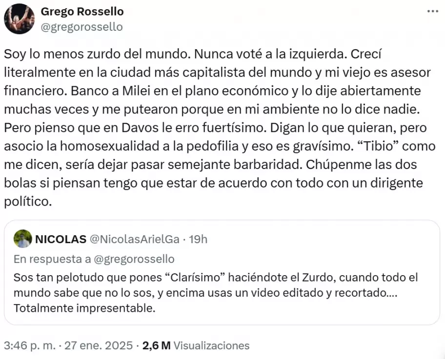 Grego Rossello y su explicacin de su postura poltica, en la cual critic a Javier Milei por sus declaraciones homofbicas, pero defendi su rumbo