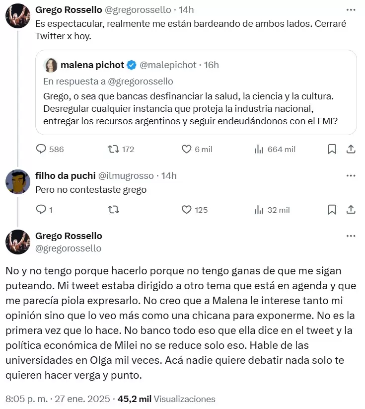 Grego Rossello y la respuesta a la provocacin de Malena Pichot, tras su apoyo al plano econmico de la gestin de Javier Milei.