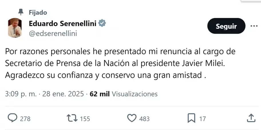 El tuit donde Serenellini confirm su ruptura con el gobierno de La Libertad Avanza