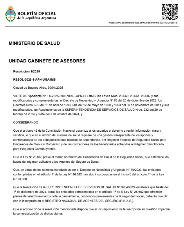 Resolucin 1/2025 del Ministerio de Salud publicada en el Boletn Oficial