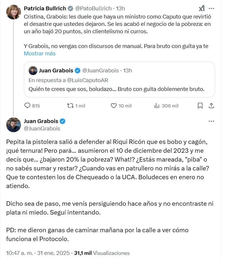 Juan Grabois tildo de "mareada" a Patricia Bullrich luego de que la ministra de Seguridad saliera en defensa de Luis "Toto" Caputo.