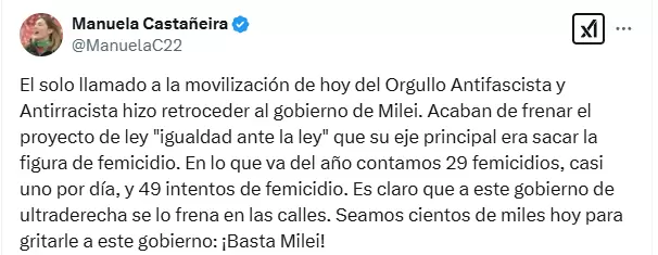 Manuela Castaeira asegur que el Gobierno fren el proyecto para quitar la figura de femicidio del cdigo penal