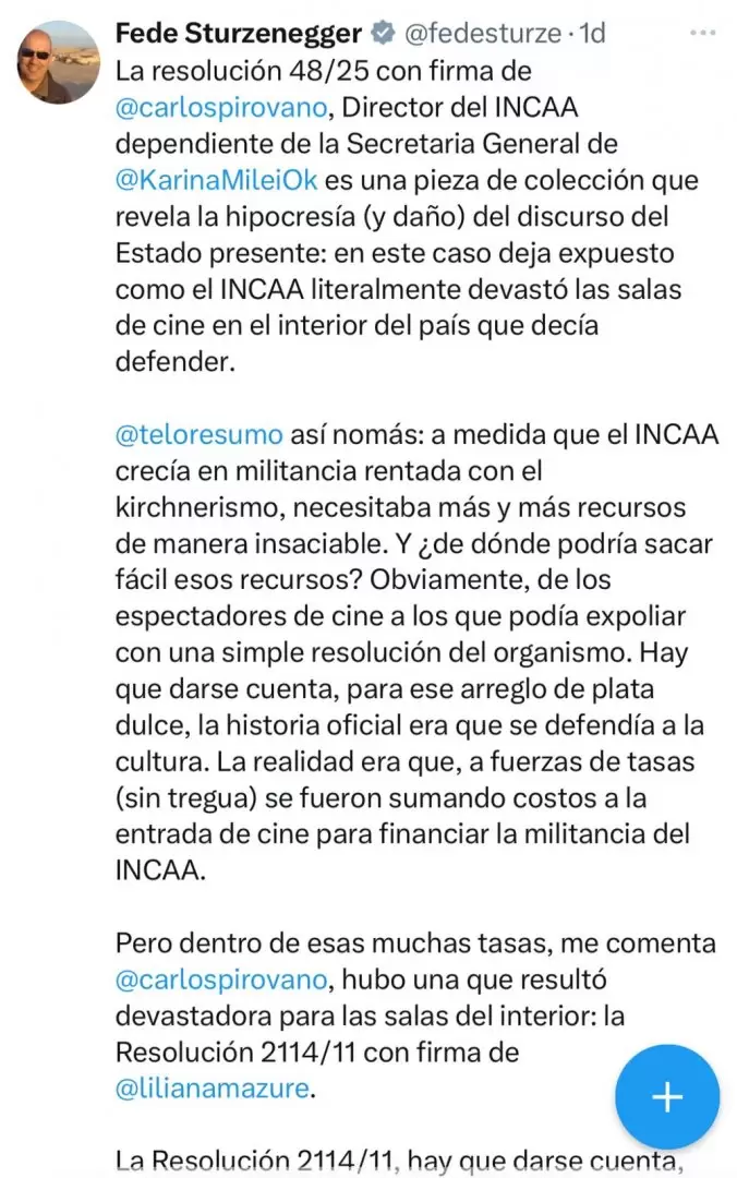 El tweet de Federico Sturzenegger celebrando los cambios en el INCAA