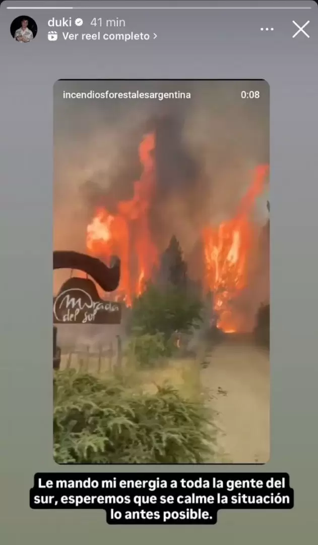 El posteo del Duki envindole "energas" a quienes sufren los incendios en el sur del pas.