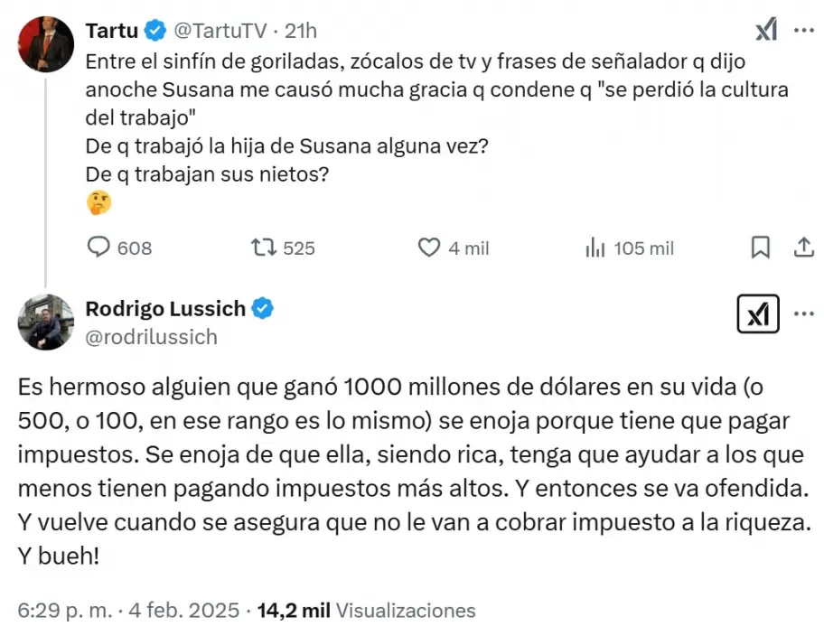 El tuit de Augusto Tartfoli contra Susana Gimnez y la respuesta en apoyo a su colega de Rodrigo Lussich.