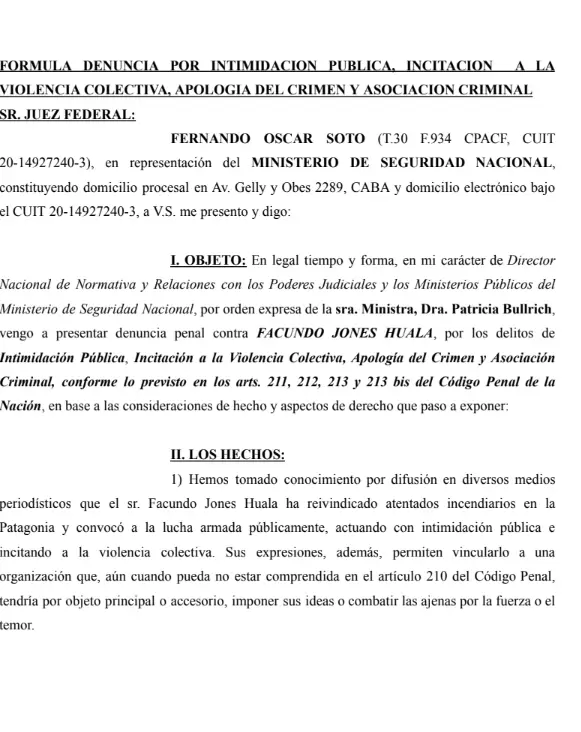 El Gobierno denunci a Jones Huala por "incitacin a la violencia colectiva"