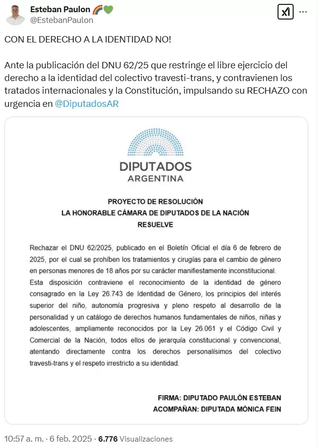 El tuit de Esteban Pauln con el Proyecto de Resolucin presentado para rechazar los cambios que hizo Javier Milei a la Ley de Identidad de Gnero.