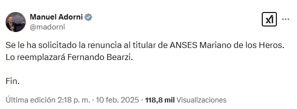 La publicacin de Adorni sobre el despido de Mariano de los Heros