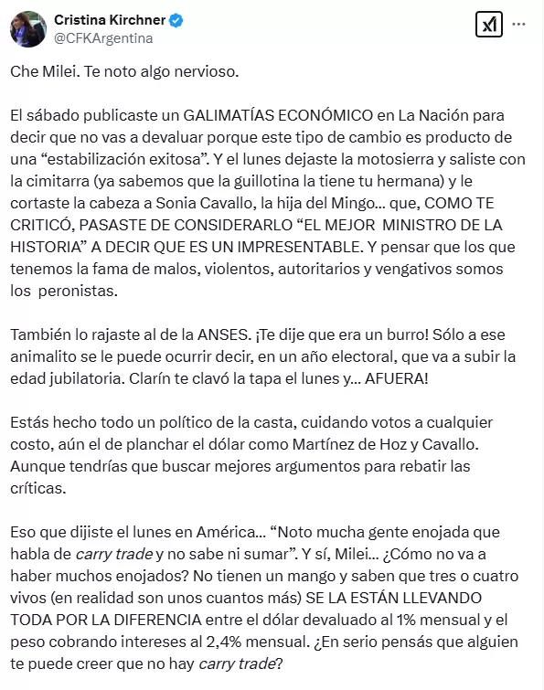 La muy extensa publicacin de la ex presidenta