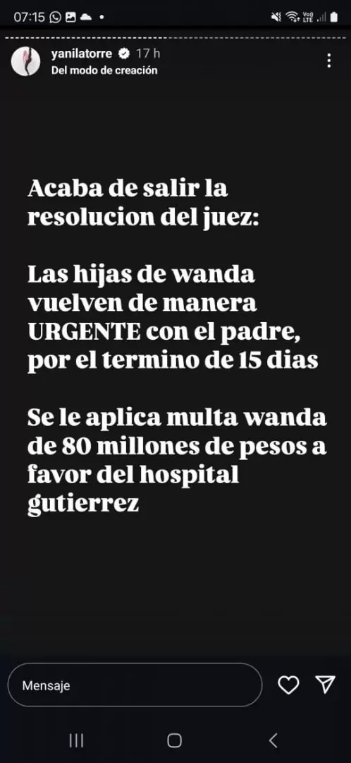 Yanina Latorre y las historias en las que relat las ltimas novedades legales de la separacin entre Wanda Nara y Mauro Icardi.