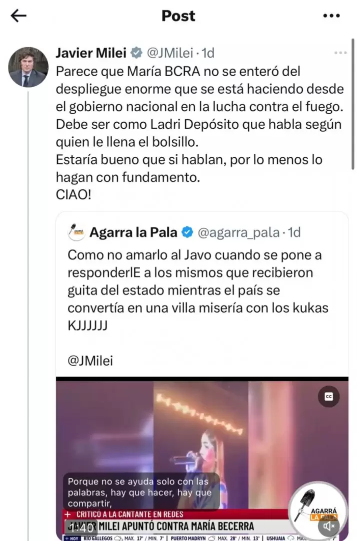 Javier Milei se enfrent a Mara Becerra y Lali Espsito