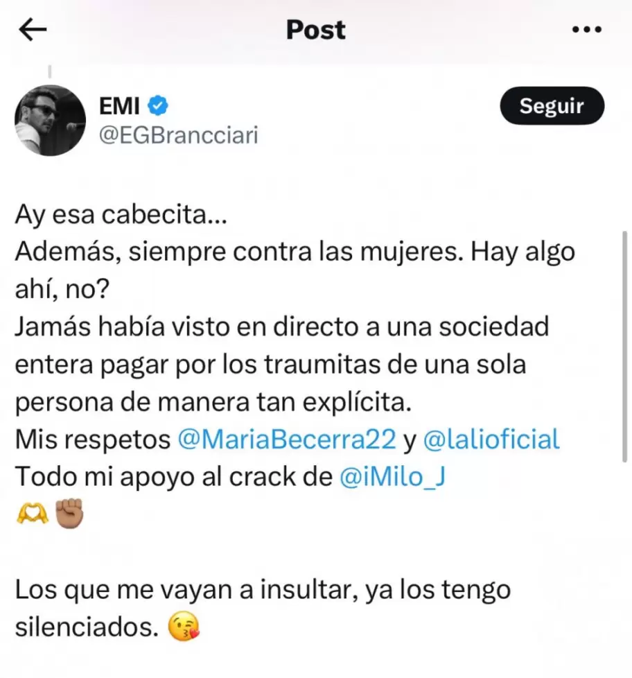 Emiliano Brancciari, el lder de No Te Va Gustar, se solidarizo con Mara Becerra, Lali Espsito Y Milo J