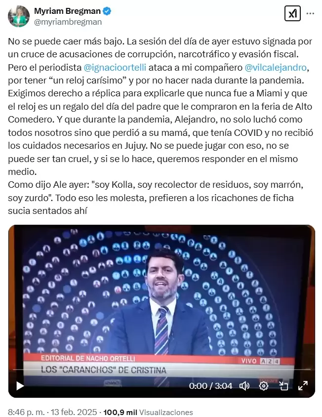 La defensa en X de Myriam Bregman, tras el ataque del periodista Ignacio Ortelli a su compaero Alejandro Vilca.